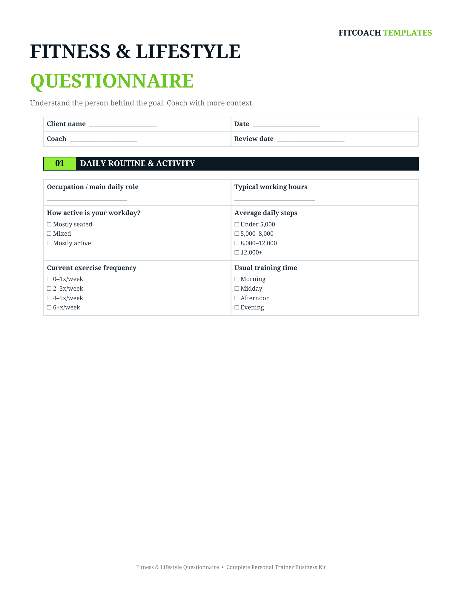 Fitness and Lifestyle Questionnaire actual template preview